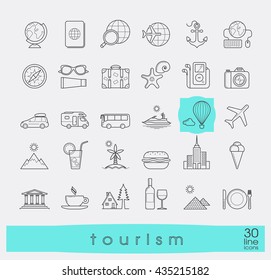 Set of premium quality line tourism icons. Collection of  vector icons for travel, tourism, leisure, holiday, vacation, booking. Info graphics elements collection. Web graphics.