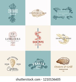 Set of Premium Quality Retro Seafood Vector Signs or Logo Templates. Hand Drawn Vintage Sketches with Classy Typography, Shrimp, Oyster, Squid, Octopus. Great Restaurant and Cafe Emblems. Isolated.