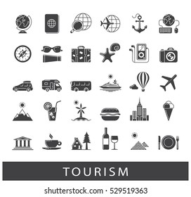 Set of premium quality tourism icons. Collection of  vector icons for travel, tourism, leisure, holiday, vacation, booking. Info graphics elements collection. Web graphics.