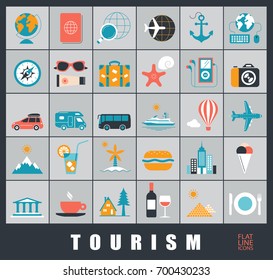 Set of premium quality tourism icons. Collection of  vector icons for travel, tourism, leisure, holiday, vacation, booking. 
