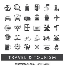 Set of premium quality travel and tourism icons. Collection of icons.for travel, journey, vacation, trips, means of transport. Infographics elements collection. Web graphics.