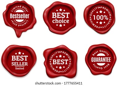 Set of premium quality Wax stamp, best price red wax seals set of realistic vector illustrations isolated on white background. Guarantee labels or emblems for packaging and advertising.