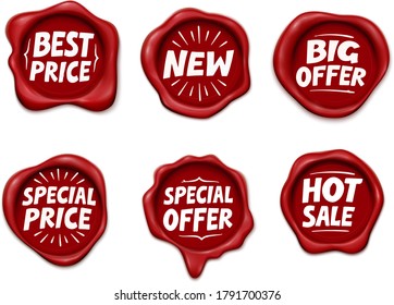 Set hochwertiger Wax-Stempel, Bestpreis-Rotwachs-Siegel mit realistischen Vektorgrafiken einzeln auf weißem Hintergrund. Sammlungssymbole für Sonderangebot, Hot Sale, Bester Preis, Neu.