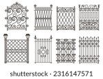 Set of premium royal fence or gate design. Metallic boundary collection. Vector illustration of steel fence door isolated on white background.