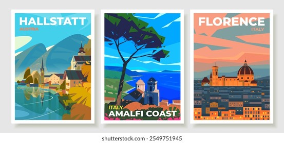 Set of premium travel posters. Beautiful sea view from Villa Rufolo. Amalfi Coast, Italy. Incredible views of Lake Hallstetter, the town of Hallstatt. Florence Cathedral, Italy.