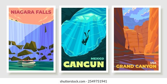 Set of premium travel posters. Niagara Falls. Niagara River, Canada, USA. Scuba diving. Cenotes, Cancun, Mexico. Colorado River in Grand Canyon National Park. Grand Canyon, Arizona.