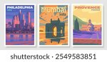 Set of premium travel posters. A nighttime view of downtown Philadelphia across the Delaware River. A view of the Gateway of India in the setting sun. Mumbai. View of the Sénanque Abbey in Provence.