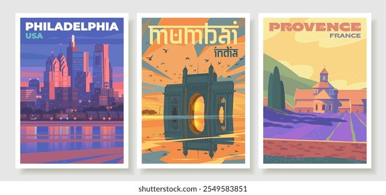 Set of premium travel posters. A nighttime view of downtown Philadelphia across the Delaware River. A view of the Gateway of India in the setting sun. Mumbai. View of the Sénanque Abbey in Provence.