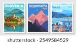 Set of premium travel posters. The Virgin Mary on Lake Bled, Slovenia.  Mountain Ama Dablam and a stupa in Nepal. The Sagarmatha National Park. The buildings of Reykjavik. Iceland.