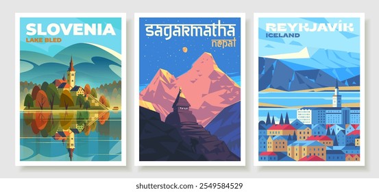 Conjunto de carteles de viaje premium. La Virgen María en el lago Bled, Eslovenia.  Montaña Ama Dablam y una estupa en Nepal. El Parque Nacional de Sagarmatha. Los edificios de Reikiavik. Islandia.