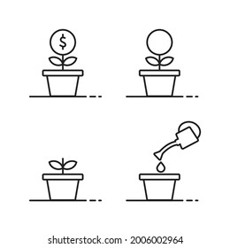 Conjunto de íconos de línea delgada de la planta de dinero para crecimiento de vectores premium. Símbolo vectorial de estilo plano moderno sobre fondo blanco. 