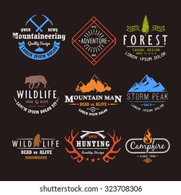 Set of premium vector labels on the themes of wildlife, nature, hunting, travel, wild nature, climbing, life in the mountains, survival. Retro, vintage, casual design. #1