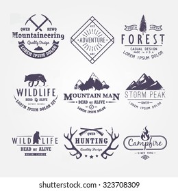 Set of premium vector labels on the themes of wildlife, nature, hunting, travel, wild nature, climbing, life in the mountains, survival. Retro, vintage, casual design. #2