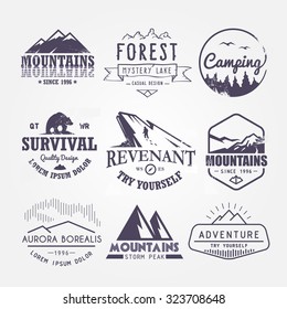 Set of premium vector labels on the themes of wildlife, nature, hunting, travel, wild nature, climbing, life in the mountains, survival. Retro, vintage, casual design. #4