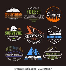 Set of premium vector labels on the themes of wildlife, nature, hunting, travel, wild nature, climbing, life in the mountains, survival. Retro, vintage, casual design. #3