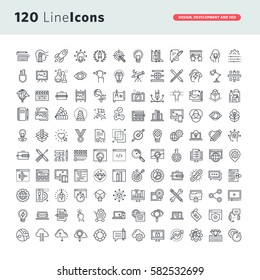 Set of premium vector thin line icons for graphic design, website design and development, app development, seo.