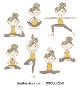 Set of prenatal yoga poses isolated on white background