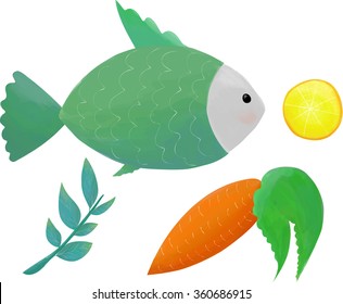 set for preparation : fish grouper , lemon , basil , carrot. Isolated illustration in vector format