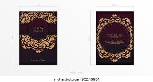 Set of Preparing postcards in burgundy color with vintage patterns. Template for print design invitation card with mandala ornament.