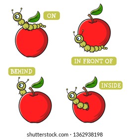 Set of preposition - apple and worm (cartoon illustration)