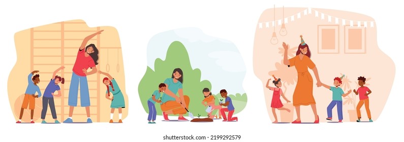 Set Preschool Kids in Kindergarten. Toddlers and Teacher Doing Sports Exercises, Gardening and Celebrate Birthday. Happy Little Characters in Daycare School. Cartoon People Vector Illustration