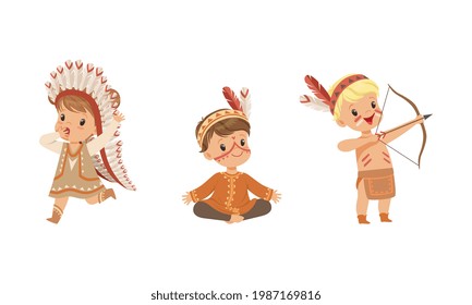 Set of Preschool Kids Playing American Indians, Children Wearing Native Indian Ethnic Costumes Having Fun Cartoon Vector Illustration