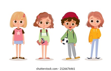 Set of preschoolers, teenage students characters in different poses,clothes,wear. Children fashion models.Set of school kids with school supplies.Pupils with books and backpacks. vector.Kids apparel.