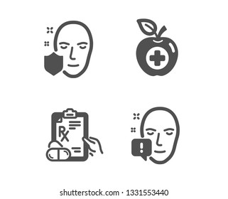 Set of Prescription drugs, Medical food and Face protection icons. Face attention sign. Pills, Apple, Secure access. Exclamation mark.  Classic design prescription drugs icon. Flat design. Vector