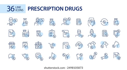 Set of prescription drugs, pharmacy and healthcare professionals icons. Pixel perfect, editable stroke icons