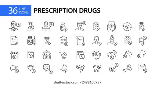 Conjunto de iconos de medicamentos recetados, farmacia y profesionales de la salud. Pixel perfecto, trazo editable