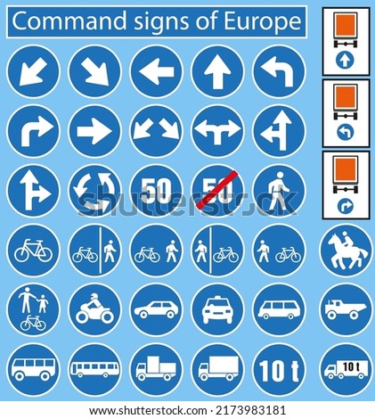Set of prescriptive European road signs isolated on a blue background.