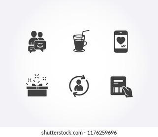 Set of Present box, Cocktail and Communication icons. Person info, Love chat and Parcel invoice signs. Sale offer, Fresh beverage, Business messages. Refresh user data, Smartphone, invoice. Vector