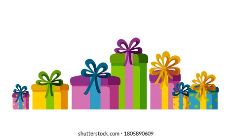 Set of present boxes of different sizes and colors. Gifts for a happy holiday. Isolated vector illustration in white background