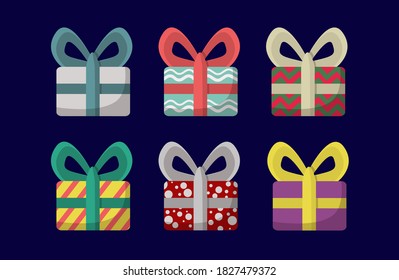 Set of present boxes. Gifts for holidays. Funny boxes. Box with ribbon.