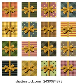 Set with present boxes with ribbons and bows different prints on white background isolated collection stickers clipart	
