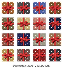 Set with present boxes with ribbons and bows different prints on white background isolated collection stickers clipart	
