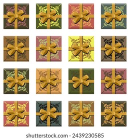 Set with present boxes with ribbons and bows different prints on white background isolated collection stickers clipart	
