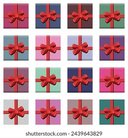 Set with present boxes with ribbons and bows different prints on white background isolated collection stickers clipart	
