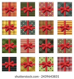 Set with present boxes with ribbons and bows different prints on white background isolated collection stickers clipart	
