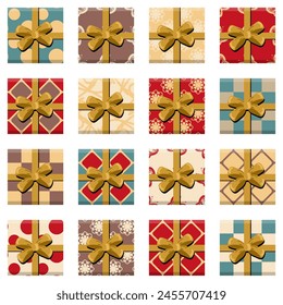 Set with present boxes with ribbons and bows different prints on white background isolated collection stickers clipart	