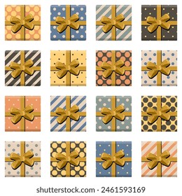 Set with present boxes with ribbons and bows different prints on white background isolated collection stickers clipart	
