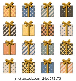 Set with present boxes with ribbons and bows different prints on white background isolated collection stickers clipart	