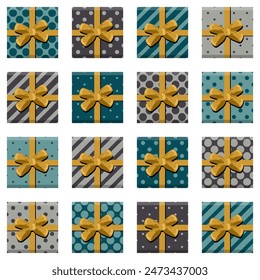 Set with present boxes with ribbons and bows different prints on white background isolated collection stickers clipart	