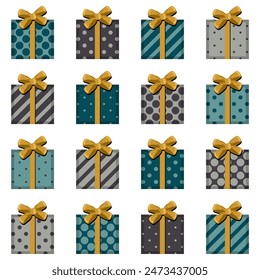 Set with present boxes with ribbons and bows different prints on white background isolated collection stickers clipart	