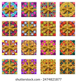 Set with present boxes with ribbons and bows different prints on white background isolated collection stickers clipart	