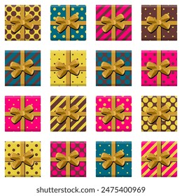 Set with present boxes with ribbons and bows different prints on white background isolated collection stickers clipart	