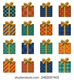 Set with present boxes with ribbons and bows different prints on white background isolated collection stickers clipart	