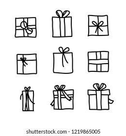Set present or christmas gift box. Hand-draw vector illustration. Print.