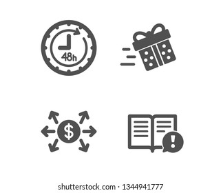 Set of Present delivery, 48 hours and Dollar exchange icons. Facts sign. Shopping service, Delivery service, Payment. Important information.  Classic design present delivery icon. Flat design. Vector