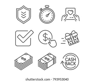 Set of Present delivery, Shield and Love mail icons. Buy currency, Usd currency and Checkbox signs. Timer, Dollar and Cashback symbols. Shopping service, Protection or security, Valentine letter